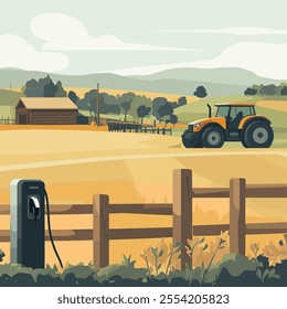 Electric Tractor Charging at EV Station - Sustainable Agriculture Concept