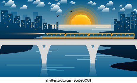 An electric train with carriages rides across the bridge over the bay against the background of the banks with city buildings, the morning sky with the rising sun, clouds, silhouettes of flying birds.