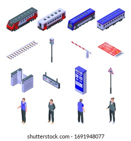 Electric train driver icons set. Isometric set of electric train driver vector icons for web design isolated on white background