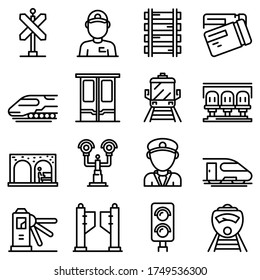 Electric train driver icons set. Outline set of electric train driver vector icons for web design isolated on white background