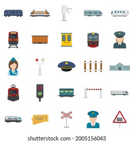 Electric train driver icons set. Flat set of electric train driver vector icons isolated on white background