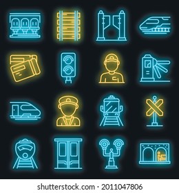 Electric train driver icons set. Outline set of electric train driver vector icons neon color on black