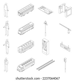 Iconos del conductor del tren eléctrico. Conjunto isométrico de iconos vectoriales del conductor del tren eléctrico contorno de la colección de líneas delgadas blancas