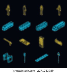Symbol für den elektrischen Zugführer eingestellt. Isometrische Reihe von elektrischen Triebfahrzeugführer Vektorsymbole neonfarben auf Schwarz