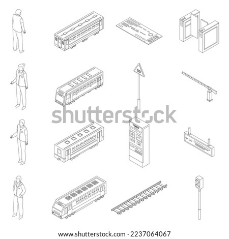 Electric train driver icons set. Isometric set of electric train driver vector icons outline on white thin line collection