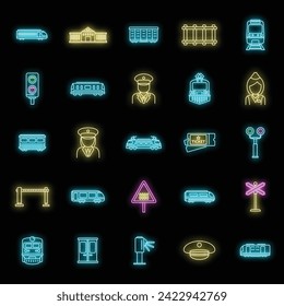 Iconos del metro del conductor del tren eléctrico. Conjunto de esquemas de iconos de vectores del subterráneo del conductor del tren eléctrico color de neón en negro