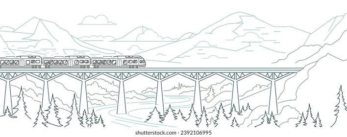 Elektrischer Zug gleitet bei Sonnenuntergang durch eine atemberaubende Berglandschaft. Langsames Reisen, zukünftiges Verkehrskonzept. Bearbeitbare Illustration in dünner Kontur. Horizontaler Hintergrund