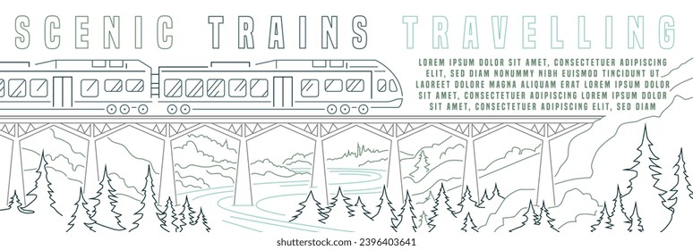 Elektrischer Zug gleitet bei Sonnenuntergang durch eine atemberaubende Berglandschaft. Langsames Reisen, zukünftiges Verkehrskonzept. Bearbeitbare Illustration in dünner Kontur. Horizontaler Hintergrund