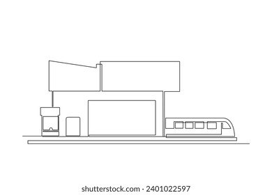 Electric train station. Transportation public area drawing by simple continuous line. Vector, transportation minimalist concept.