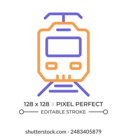 Icono de línea de dos colores del tren eléctrico. Locomotora moderna. Alta velocidad. Electrificación ferroviaria. Símbolo de contorno bicolor de líneas superiores. Pictograma lineal de duotono. Ilustración aislada Trazo editable