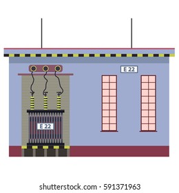 Electric transformer 2D building info graphic. Isolated high-voltage power station. Old plant architecture on white background. Pictogram industrial electricity set. Flatten isolated master vector.