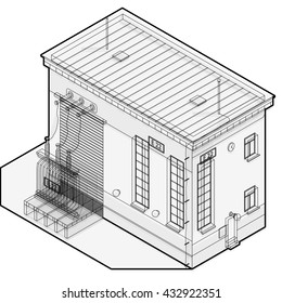 Electric transformer isometric building info graphic. Outline high-voltage power station. Old plant architecture. Wire scientific illustration. Pictogram industrial electricity. Isolated master vector