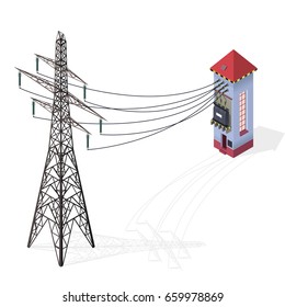 Electric transformer isometric building info graphic. High-voltage power station with electricity pylon. Old plant architecture. Pictogram industrial electricity set. Isolated vector illustration.