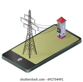 Electric transformer isometric building in mobile phone. High-voltage power station, electricity pylon, communication technology paraphrase. Industrial electricity set. Isolated vector illustration.