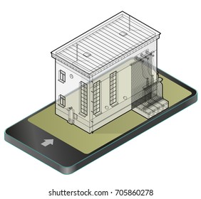 Electric transformer isometric building in mobile phone. Outlined 3d planning of vector high-voltage power station in communication technology paraphrase. Wire architecture plan of old plant.