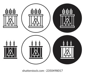 electric transformer vector icon set. isolated electrical power substation transformer symbol. electricity station current transformer box sign in black color.