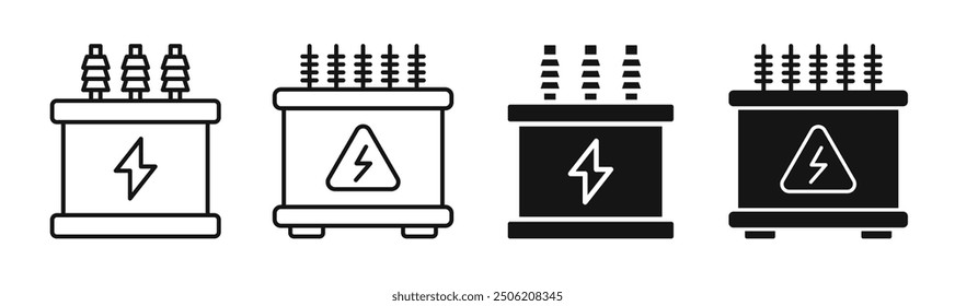 electric transformer vector icon set. isolated electrical power substation transformer symbol. electricity station current transformer box sign in black color.