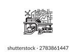 Electric transit hub geometric vector illustration icon pack with buses charging station network. This detailed icon set features electric buses, charging stations, and interconnected energy networks, ideal for representing modern, sustainable public transportation systems. Perfect for urban planning, smart city projects, and transportation-related designs, the pack includes symbols for electric vehicle charging, transit infrastructure, and geometric transit network illustrations. Highly versati