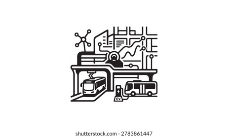Electric transit hub geometric vector illustration icon pack with buses charging station network. This detailed icon set features electric buses, charging stations, and interconnected energy networks, ideal for representing modern, sustainable public transportation systems. Perfect for urban planning, smart city projects, and transportation-related designs, the pack includes symbols for electric vehicle charging, transit infrastructure, and geometric transit network illustrations. Highly versati