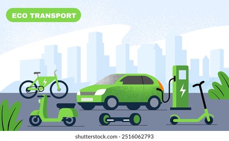 Electric transport against backdrop of city, flat style.