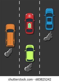 Electric transport concept. Electric car with usual combustion cars comparison. Zero pollution transport. Top view. Flat style. Vector illustration.