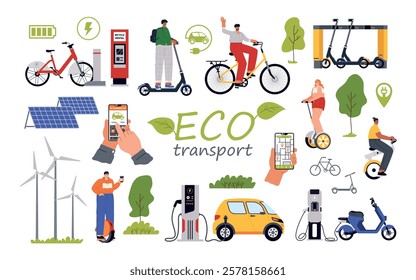 Electric transport drivers. People riding ecological vehicles in city, eco cars, scooters, charging stations, alternative energy, vector set