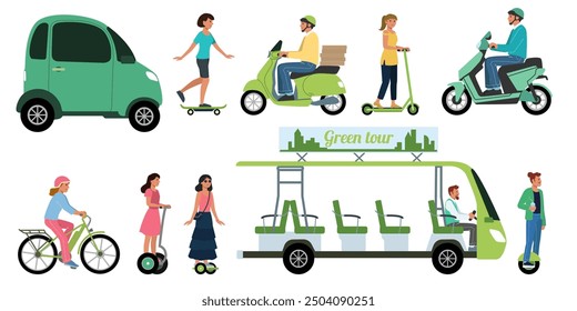 Electric transport. Ecological car. Green technology. People on bikes or scooters. Auto with electrical power battery. Urban mobile. Persons drive motorcycles and gyroscooters. Vector eco vehicles set