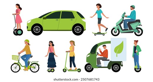 Electric transport. Ecological car. Person on motorcycle or bike. Green technology. Eco skateboard. Street scooter. Woman drives motorbike. City traffic. Man on gyroscooter. Vector urban vehicles set