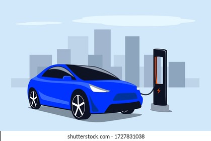 Transporte eléctrico. Carga rápida un auto con electricidad en una estación de energía pública en la ciudad. Ilustración vectorial.