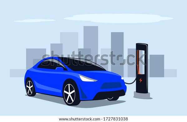Electric\
transport. Fast charge a car with electricity at a public power\
station in the city. Vector\
illustration.