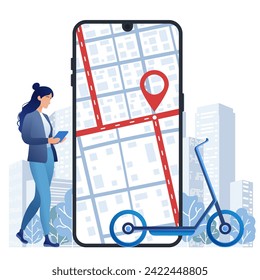 Electric transport, female character standing next to giant mobile phone with city map on the screen. Eco-friendly transport. Vector illustration, scooter sharing parking or electric transport rental
