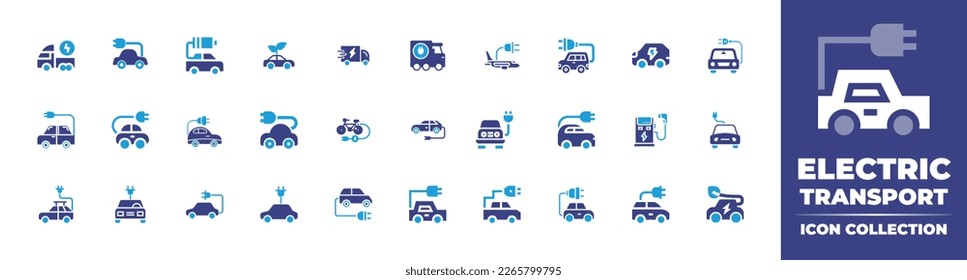 Electric transport icon collection. Duotone color. Vector illustration. Containing electric transport, eco car, car battery, car, truck, electric car, bicycle, charge, electric.