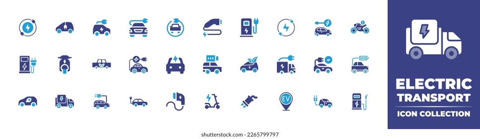 Kollektion von Elektrofahrzeugen Duotonfarbe. Vektorgrafik. Mit Ladung, Auto, elektrische Energie, Öko-Auto, Roller, Elektrostation, Ladegerät, elektrischer Dienst.