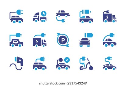 Electric transport icon set. Duotone color. Vector illustration. Containing electric car, truck, car battery, electricity, parking, low battery, charger, electric bike. 