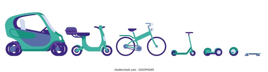 Electric transport icons for rental service. City transportation. Car or scooter. Alternative energy. Eco friendly automobile. Gyroboard and bicycle. Vector ecological