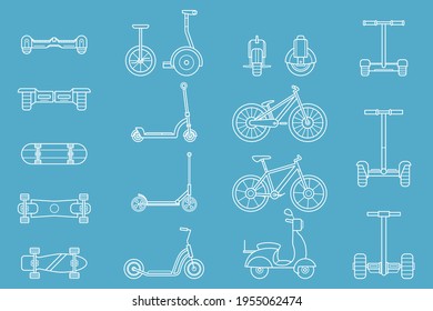 Electric transport Icons set - Vector outline symbols of scooter, skate, skateboard and bike for the site or interface