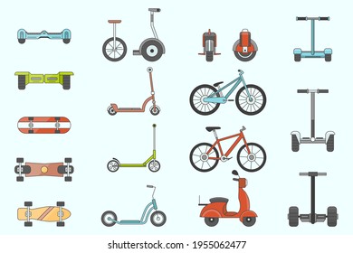 Electric transport Icons set - Vector color symbols of scooter, segway, skate, hoverboard, skateboard and bike for the site or interface