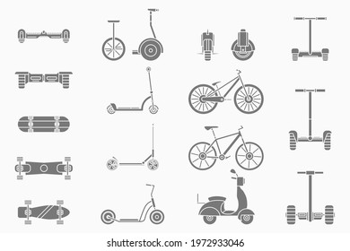 Electric transport Icons set - Vector silhouettes of scooter, skate, skateboard and bike for the site or interface