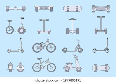 Electric transport Icons set - Vector color symbols of scooter, skate, skateboard and bike for the site or interface