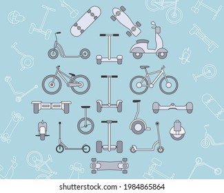 Transporte eléctrico Juego de iconos - Símbolos de color vectorial y contorno de la motocicleta, el patín, el patineta y la bicicleta para el sitio o interfaz