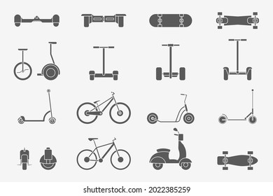 Electric transport Icons set - Vector silhouettes of scooter, skate, skateboard and bike for the site or interface