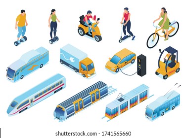 Electric transport isometric set with car and bike symbols isolated vector illustration