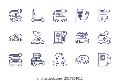 Electric transport line icon set. Editable stroke. Vector illustration. Containing electric car, electric scooter, electric station, charging station, eco car, car.