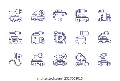 Electric transport line icon set. Editable stroke. Vector illustration. Containing electric car, truck, car battery, electricity, parking, low battery, charger, electric bike.