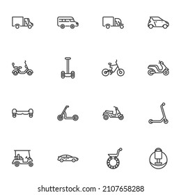 Electric transport line icons set, outline vector symbol collection, linear style pictogram pack. Signs, logo illustration. Set includes icons as gyroscooter, scooter, monowheel, bicycle, eco vehicle