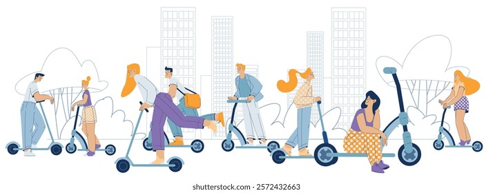 Electric Transport with Man and Woman Character Ride Scooter as Eco-friendly Vehicle Vector Illustration