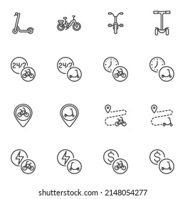 Electric transport sharing line icons set, bike and scooter rental outline vector symbol collection, linear style pictogram pack. Signs, logo illustration. Set includes icons as scooter location