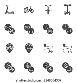 Electric transport sharing vector icons set, modern solid symbol collection, filled style pictogram pack. Signs, logo illustration. Set includes icons as bike and scooter rental, bike location 