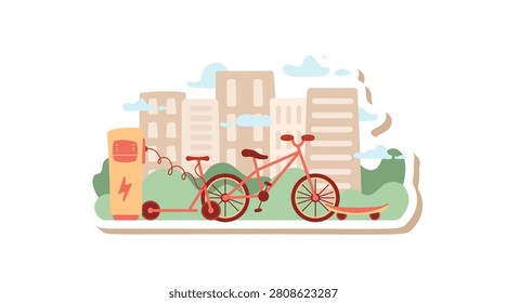 Electric transport in soft flat style sticker. Eco e and scooter as green city mobility and bicycle as friendly transport symbol. Cartoon station scene suits environment, ecology, sustainability