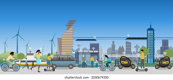 Electric transport in a sustainable and IoT connected modern city view. Electric scooters,  bike,  Monorail trains, autonomous public transport, ferry and vehicles. Renewable energy from wind mills. - Shutterstock ID 2030679200